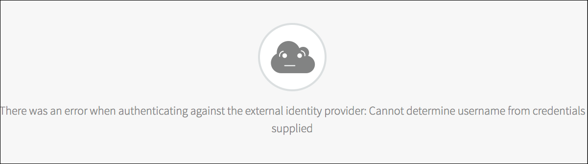 The error message page reads,
There was an error when authenticating against the external identity provider:
Cannot determine username from credentials supplied.