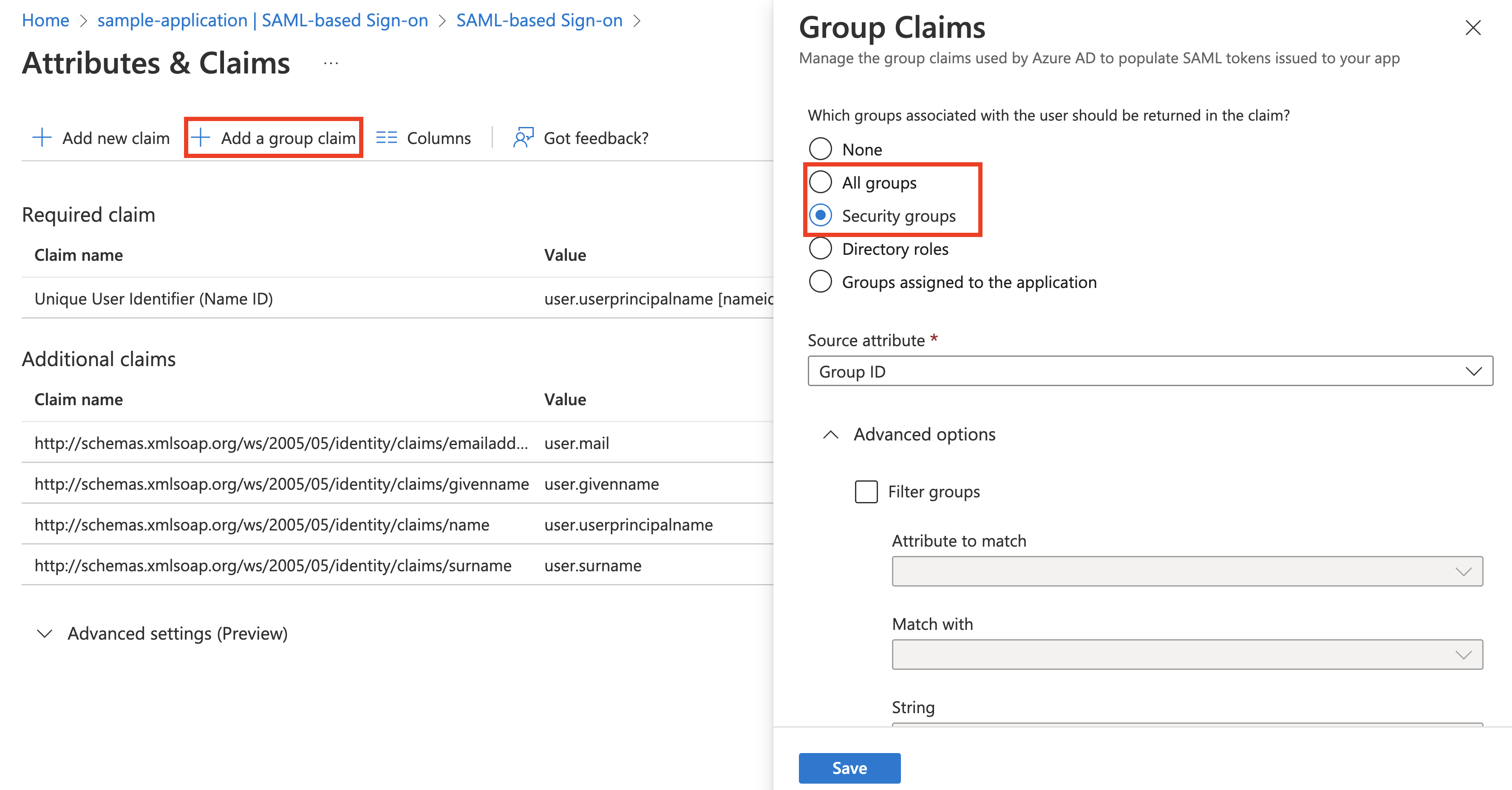 The Group Claims modal in Microsoft Entra ID. Red boxes frame Add group claim and the All groups and Security Groups options.