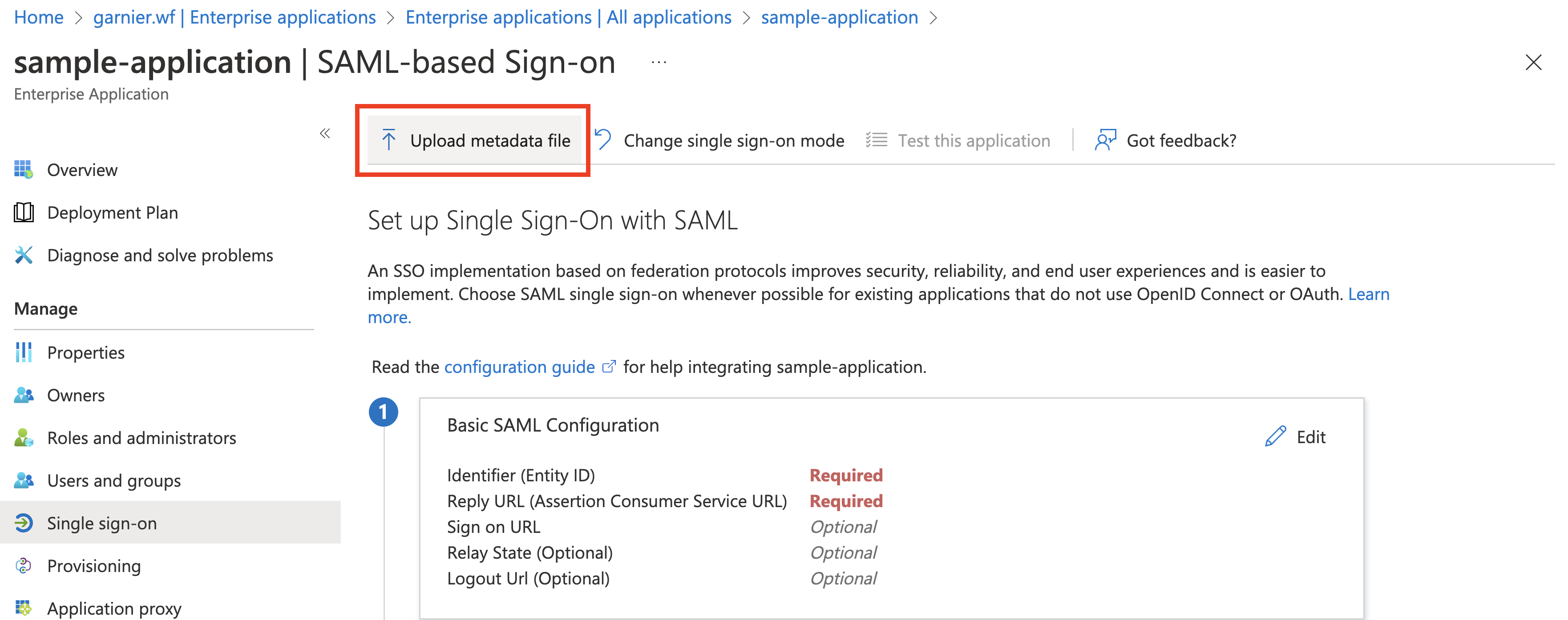 The SAML-based Sign-On section in Microsoft Entra ID. A red box frames the Upload metadata file button.