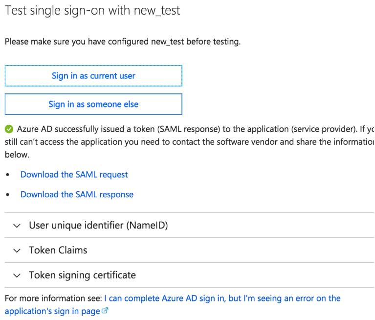 The Test single sign-on new_test page with two buttons, Sign in as current user and Sign in as someone else.