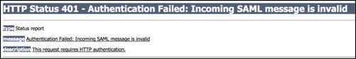 The error message reads,
HTTP Status 401 - Authentication failed. Incoming SAML message is invalid.
Type: status report. Message: Authentication failed. Incoming SAML message is invalid.
Description: The request requires HTTP authentication.