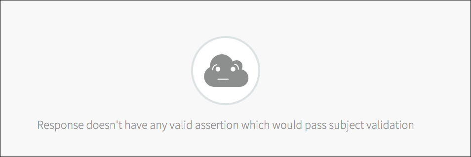 The error message page reads,
Response doesn't have any valid assertion which would pass subject validation.