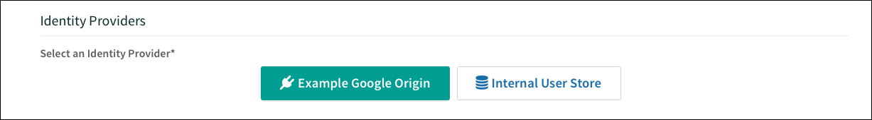 The identity providers section with the Example Google Origin button and an Internal User Store button.