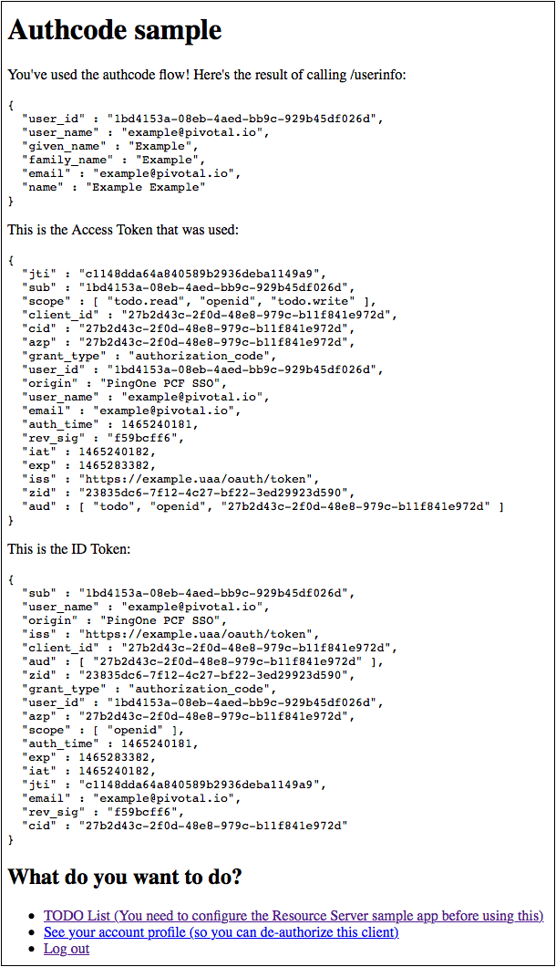 Screenshot of a page showing JSON for the result of calling /userinfo, the access token that was used, and the ID token. At the bottom of the page there are links for TODO list, See your account profile, and Log out.