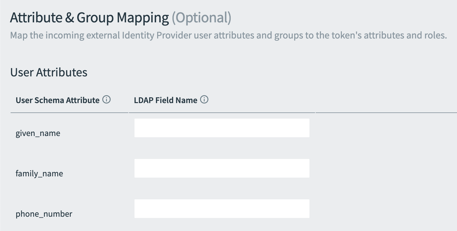 The Attribute & Group Mapping section.
There are LDAP Field Name fields for given name, family name, and phone number