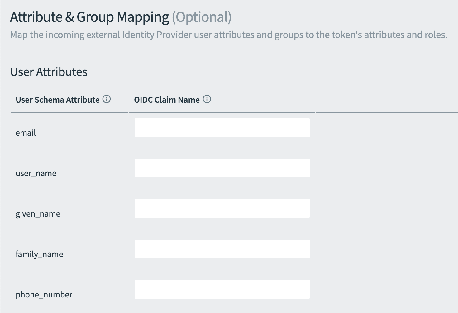 The Attribute & Group Mapping section.
There are OIDC Claim Name fields for email, user name, given name, family name,
and phone number