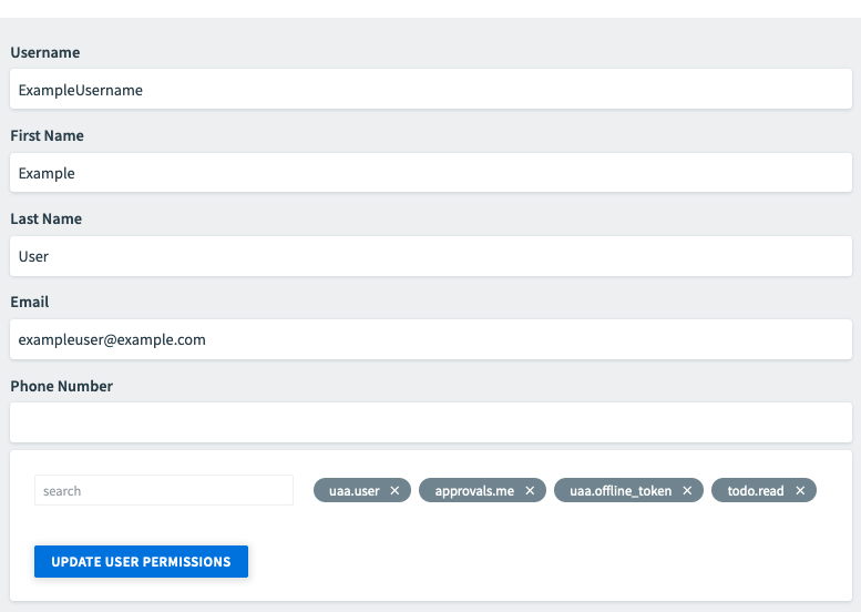 Screenshot of an example user.
    There are Username, First Name, Last Name, Email, and Phone Number fields.
    At the bottom is a search field with example permissions to the right of the field.
    Below is the Update User Permissions button.