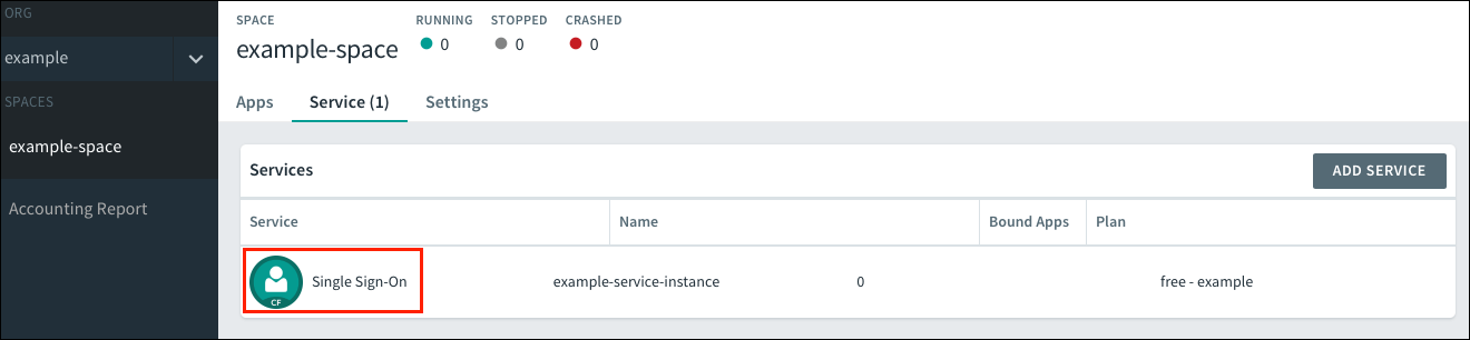 Screenshot of Service tab in Apps Manager. Under the Services section, the
button for the Single Sign-On service is highlighted.