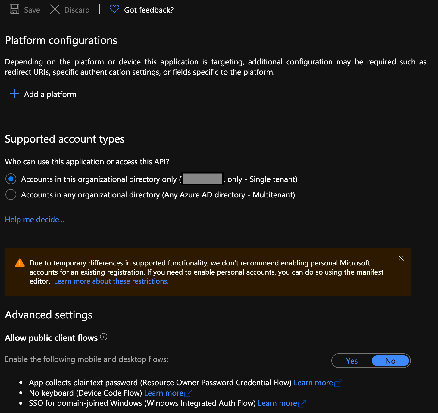 The application configuration page's Authentication page,
where you can configure Platform configurations, Supported account types, and Advanced Settings