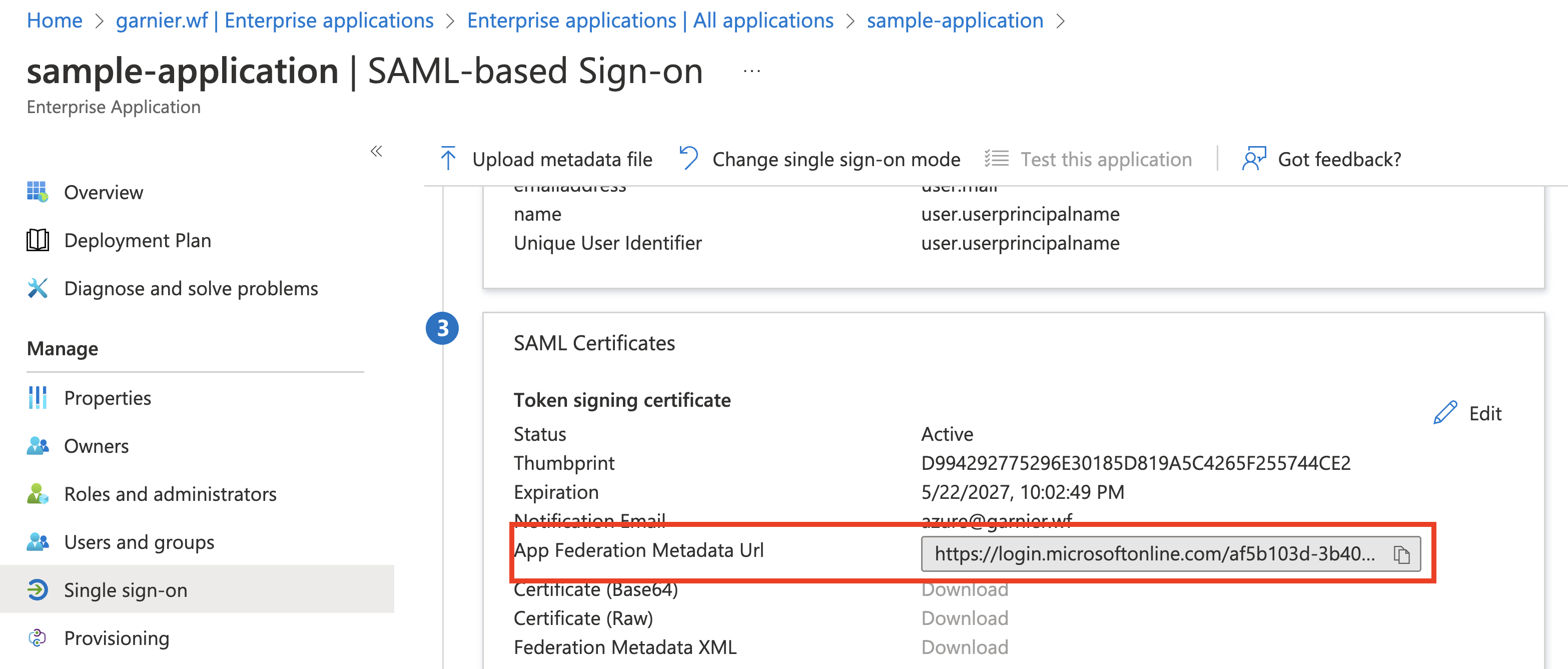 The SAML-based Sign-On section in Microsoft Entra ID. A red box frames the App Federation Metadata URL button.