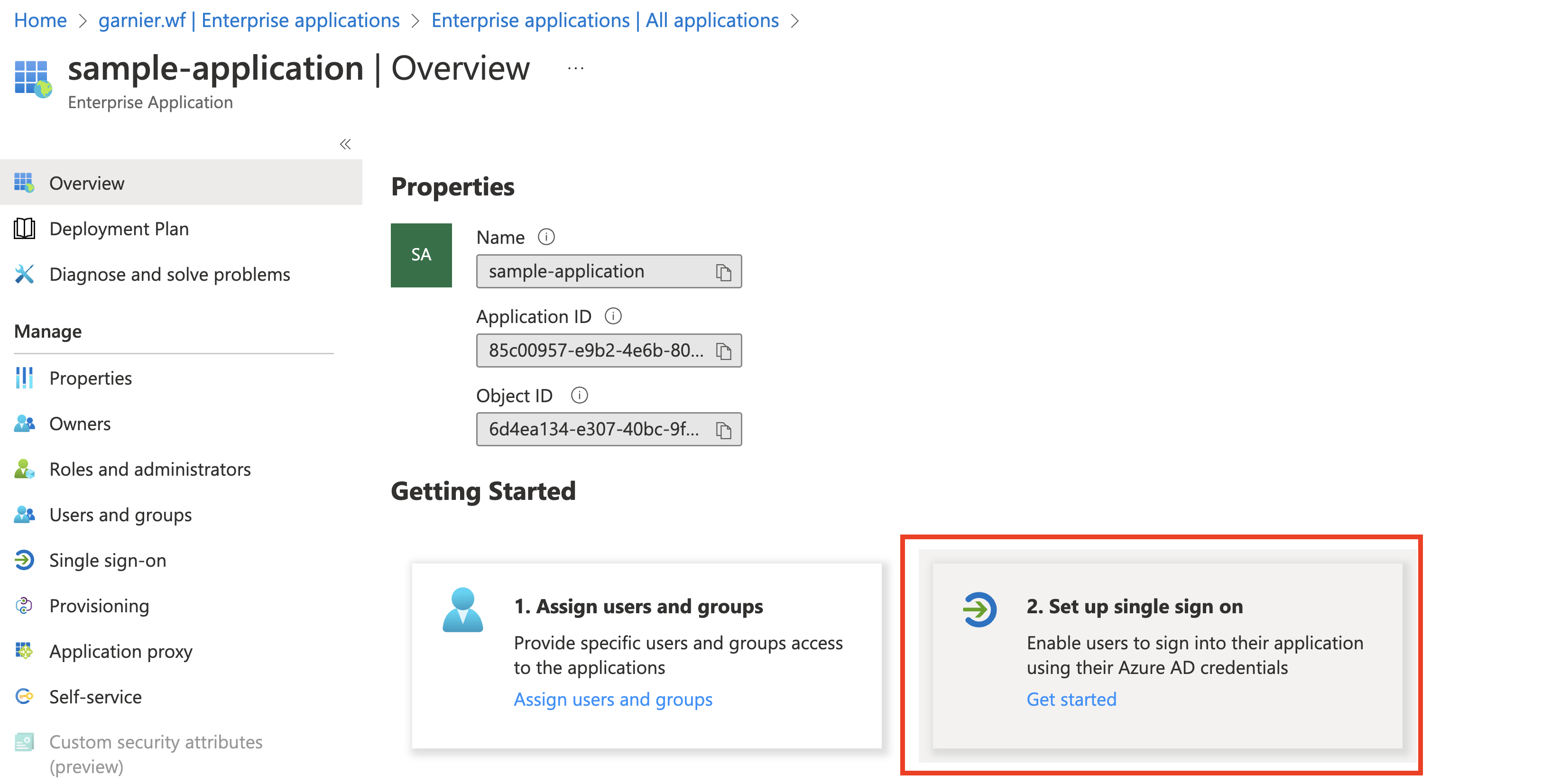 The Application Overview section in Microsoft Entra ID. A red box frames the Set up single sign on button.