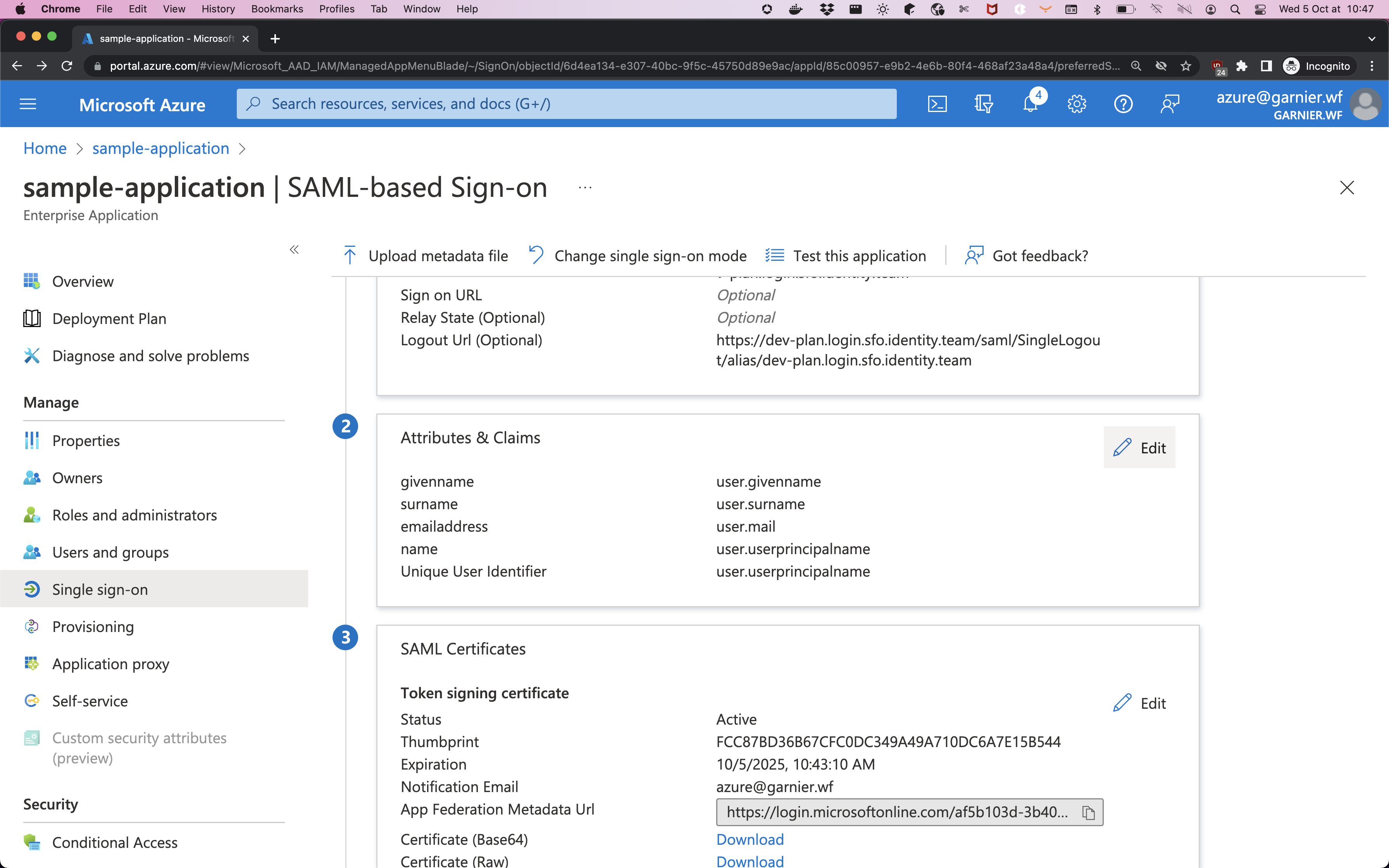 The SAML-based Sign-On section in Microsoft Entra ID. The Attributes and Claims section is shown.