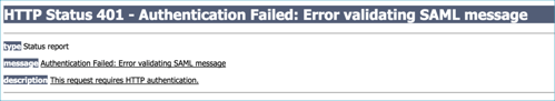 The error message reads,
HTTP Status 401 - Authentication failed. Error validating SAML message.
Type: status report. Message: Authentication failed. Error validating SAML message.
Description: The request requires HTTP authentication.