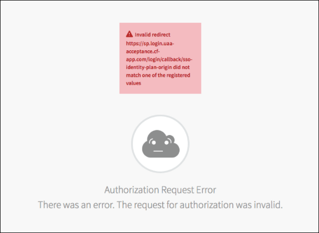 The error message page reads, Invalid redirect https://sp.login.uaa-acceptance.cf-app.com/login/...
did not match one of the registered values.
Authorization Request Error. There was an error. The request for authorization was invalid.