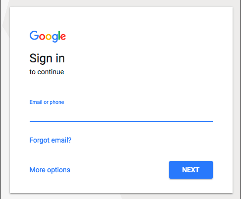 Screenshot of a Google sign in page with a field to enter an email address
or phone number and a Next button.