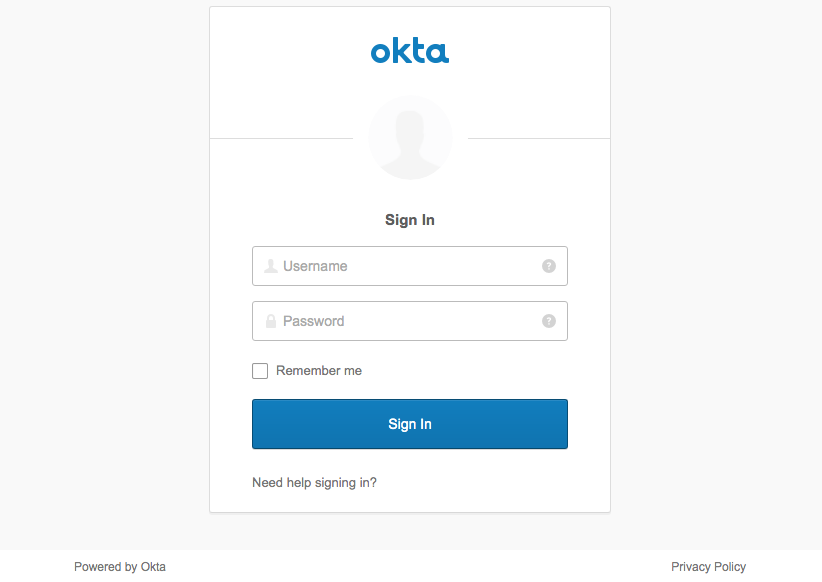 The Okta Login Page shows username and password fields,
a remember me checkbox and a sign in button.