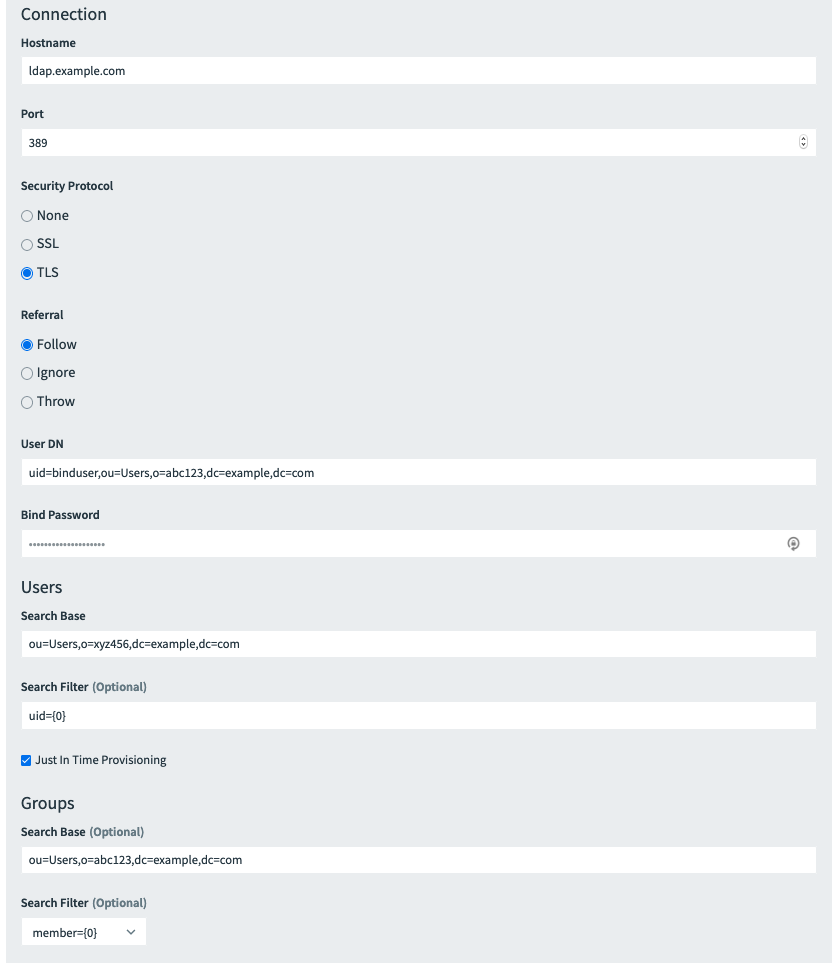 The Connection and Users configuration fields.
The fields shown in the screenshot are listed in order in the table above.