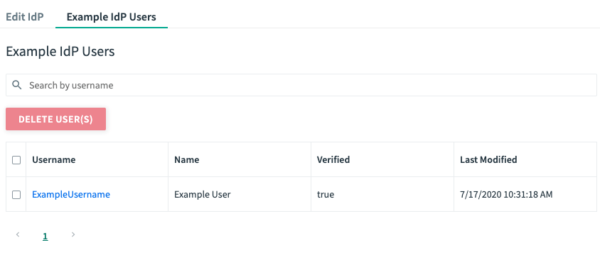 The user admin pane for an example IdP.
There is a username search field near the top.
Below that is a Delete User(s) button.
Below that is a table with columns called Username, Name, Verified, and Last Modified.
An example user has been added to the table.
A single page number with navigation arrows is at the bottom left.