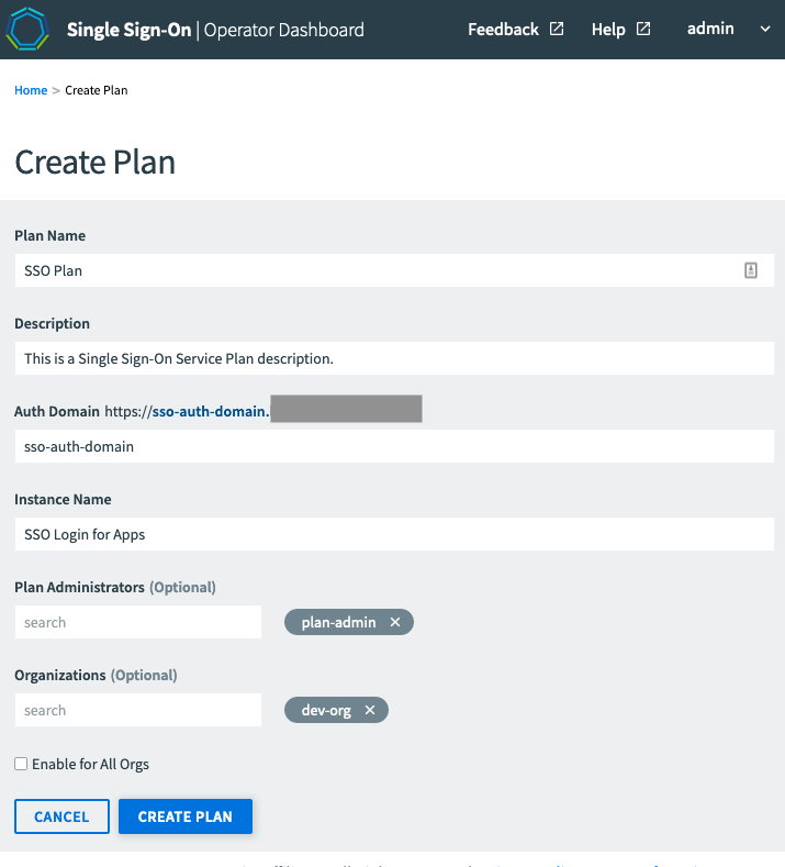 A The Create Plan dialog.
      The fields are described in the steps. Plan Administrators and Organizations are marked as Optional.
      Added plans and orgs appear next to the text boxes and can be deleted.