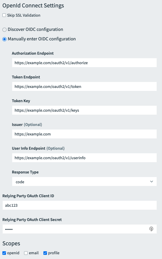 Pane for manually configuring OIDC settings.
   The Skip SSL validation checkbox is clear. The Discover OIDC configuration radio button is not selected.
   The Manually enter OIDC configuration radio button is selected.
   The Authorization Endpoint field shows https://example.com/oauth2/v1/authorize.
   The Token Endpoint field shows https://example.com/oauth2/v1/token.
   The Token Key field shows https://example.com/oauth2/v1/keys.
   The Issuer (Optional) field shows https://example.com.
   The User Info Endpoint (Optional) field shows https://example.com/oauth2/v1/userinfo.
   The Response Type field shows code.
   The Relying Party OAuth Client ID field shows abc1223.
   The Relying Party Oauth Client Secret field shows 6 asterisks.
   Under the Scopes heading the openid checkbox is selected, the email is clear, and
   the profile checkbox is selected.