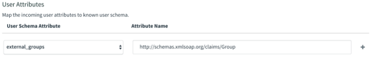 The User Attributes section.
In the dropdown menu for User Schema Attribute, external_groups is selected.
In the field for Attribute Name, the http://schemas.xmlsoap.org/claims/Group
has been entered.