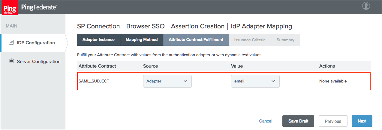 The IdP Adapter Mapping section within the IdP Configuration tab within the PingFederate UI.
There is a row of tabs across the top. The Attribute Contract Fulfillment tab is selected.
There is a table with Attribute Contract, Source, Value, and Actions columns.
In the single row below is the text SAML_SUBJECT, a dropdown with the option Adapter selected,
a dropdown with the option email selected, and the text None available.
At the bottom right are Cancel, Save Draft, Previous, and Next buttons.
