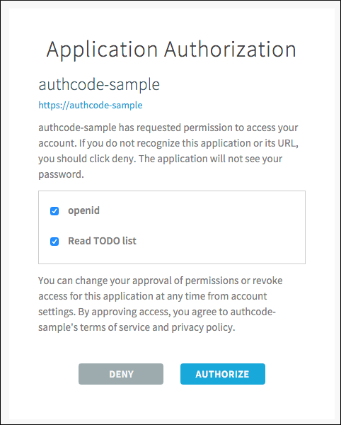 The Application Authorization page for the authcode sample app. There are check boxes for two scopes: openid and Read TODO list. Both checkboxes are selected. At the bottom of the page, there are buttons for Deny and Authorize.
