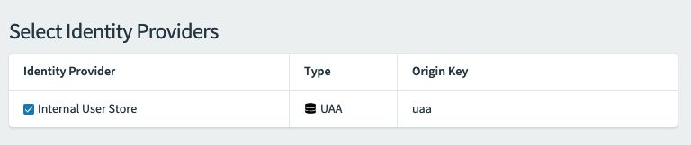 Shows Select Identity Providers with Internal User Store as the Identity Provider, type is UAA, and Origin Key is uaa.