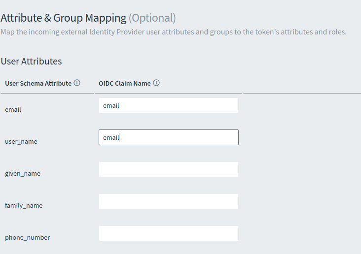 The Attribute & Group Mapping section.
There are OIDC Claim Name fields for email, user_name, given_name, family_name,
and phone_number. The word email has been entered into the email and user_name fields.