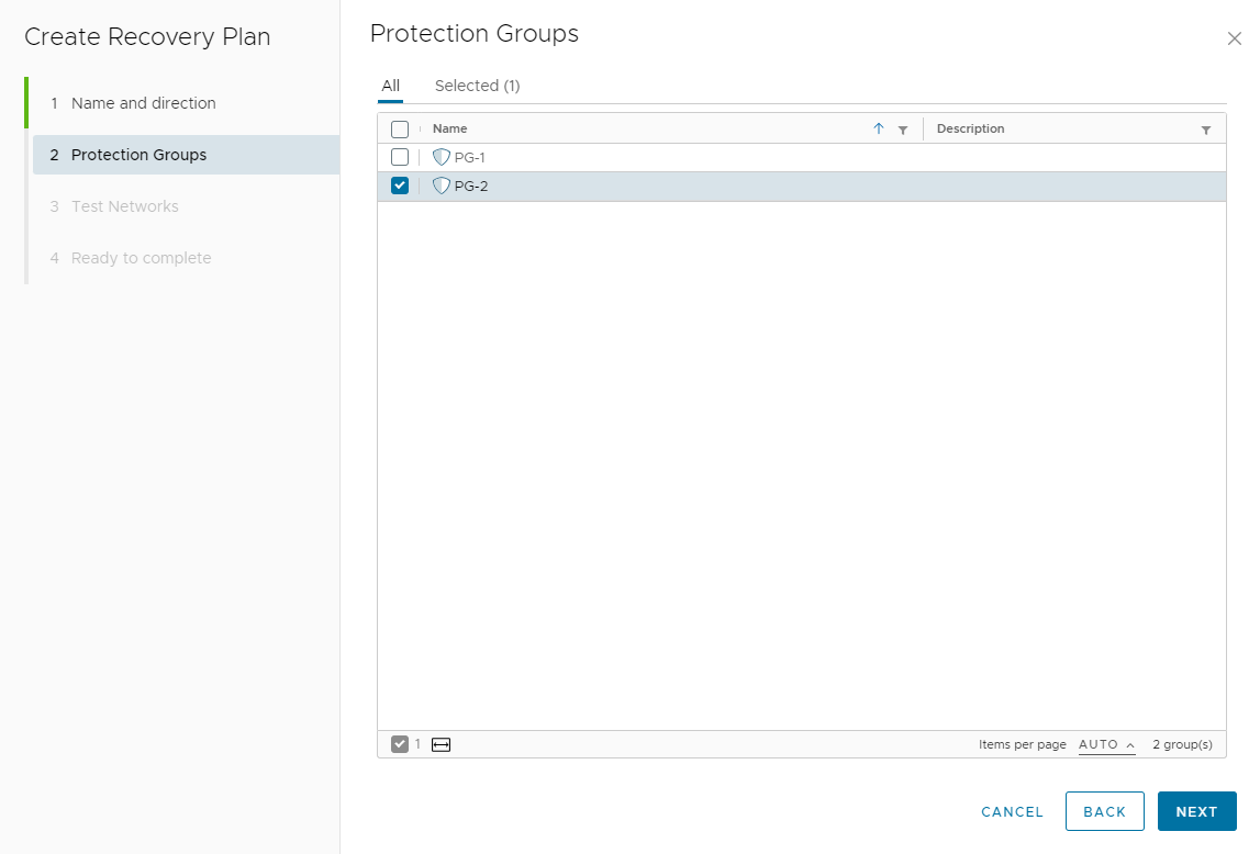 Screenshot of the Site Recovery UI for selecting one or more protection groups.