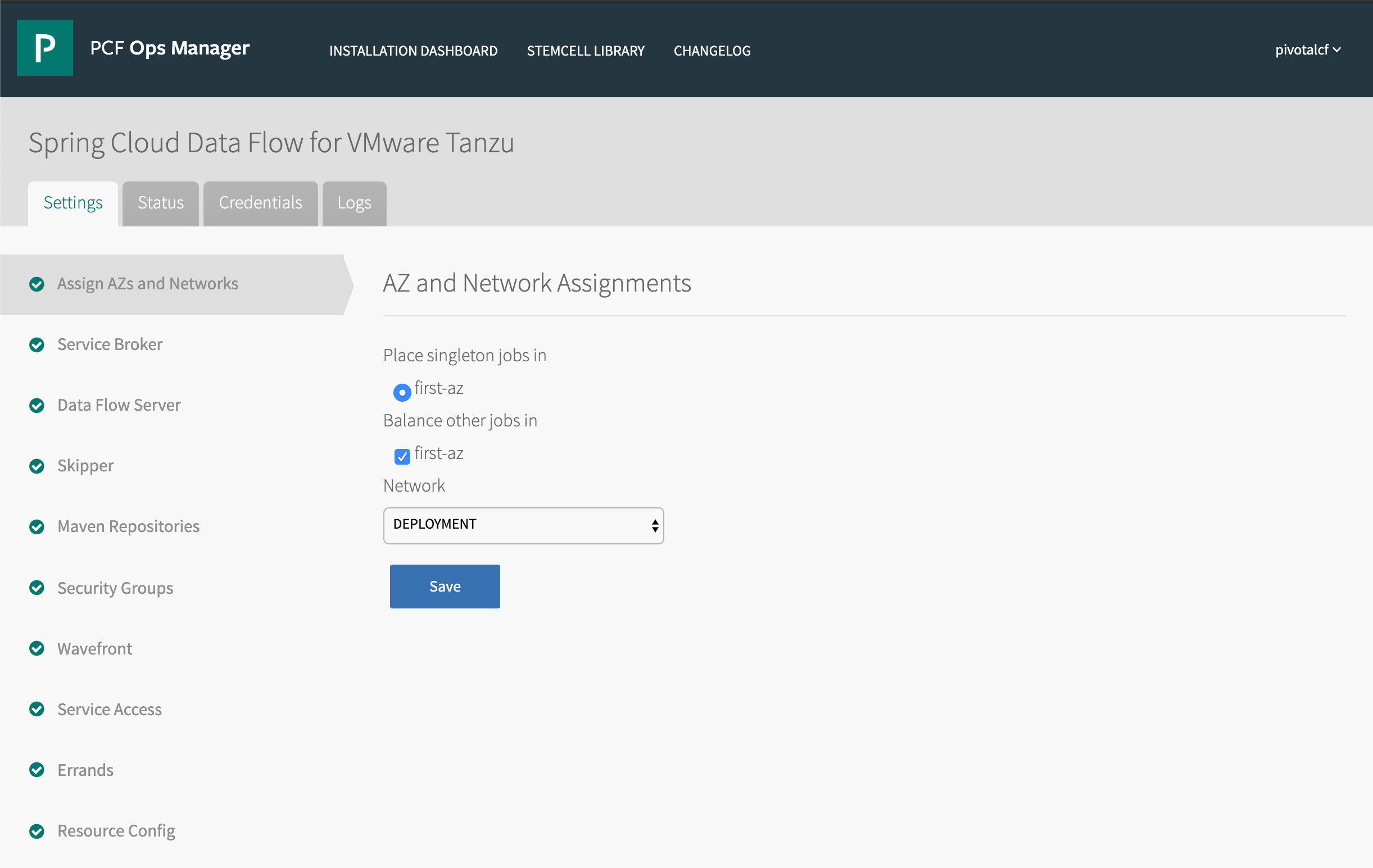 Tanzu Operations Manager, Settings tab, Assign AZs and Network Assignments pane.