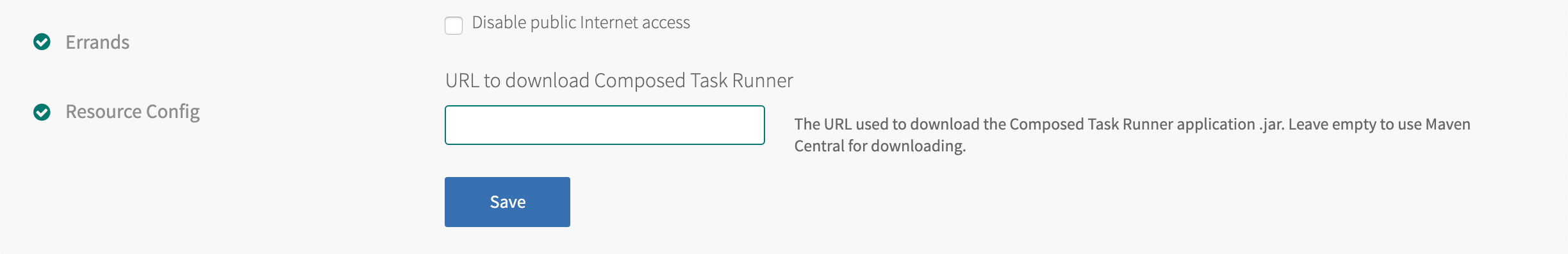 Tanzu Operations Manager, Settings tab, Data Flow Server pane, URL to down Compose Task Runner text box