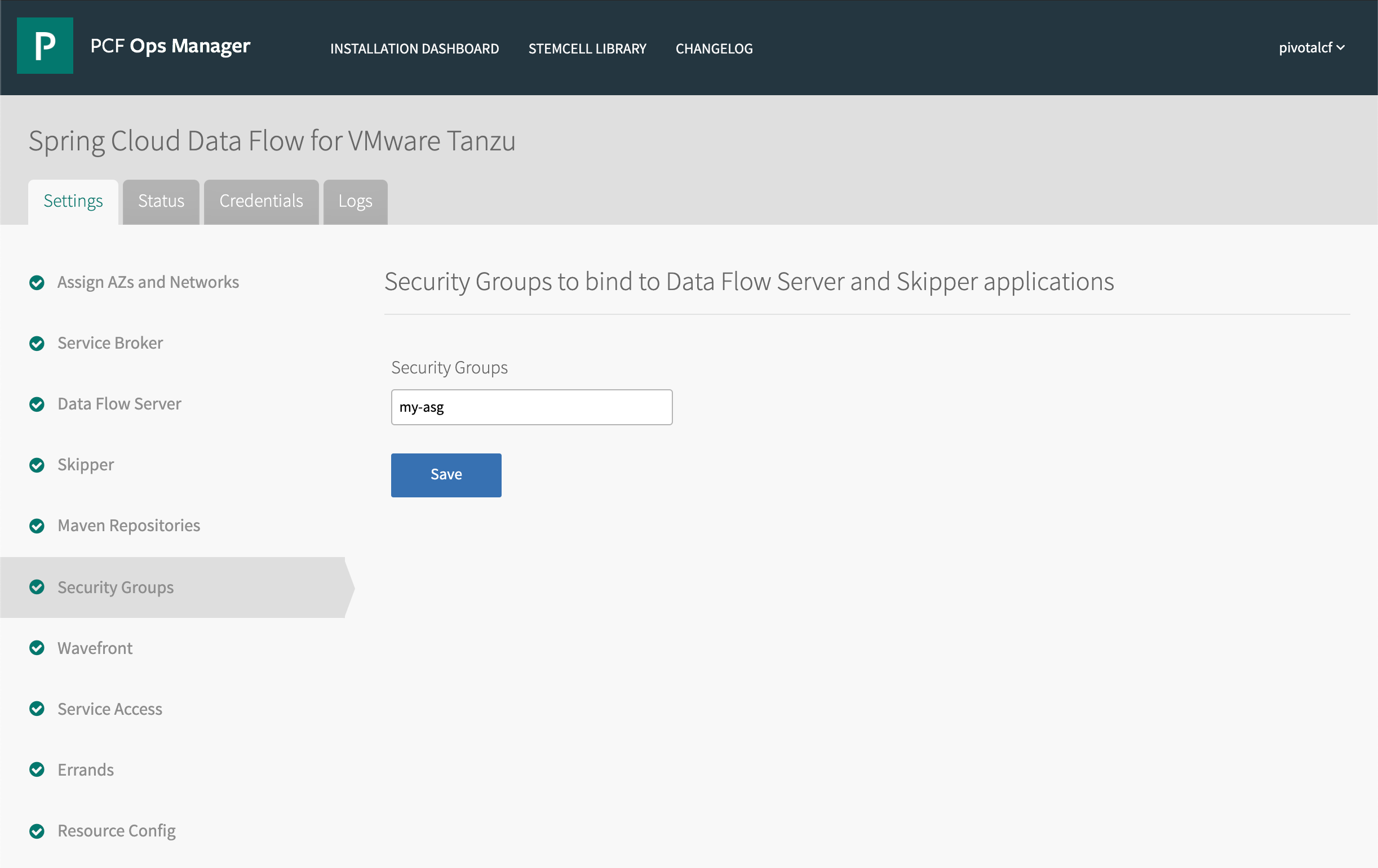 Tanzu Operations Manager, Settings tab, Security Groups pane