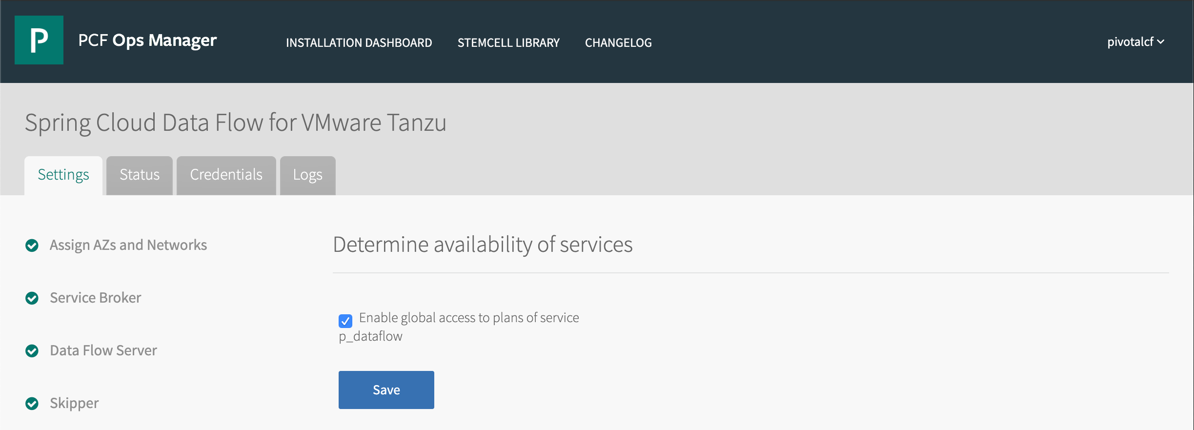 Tanzu Operations Manager, Settings tab, Service Access pane