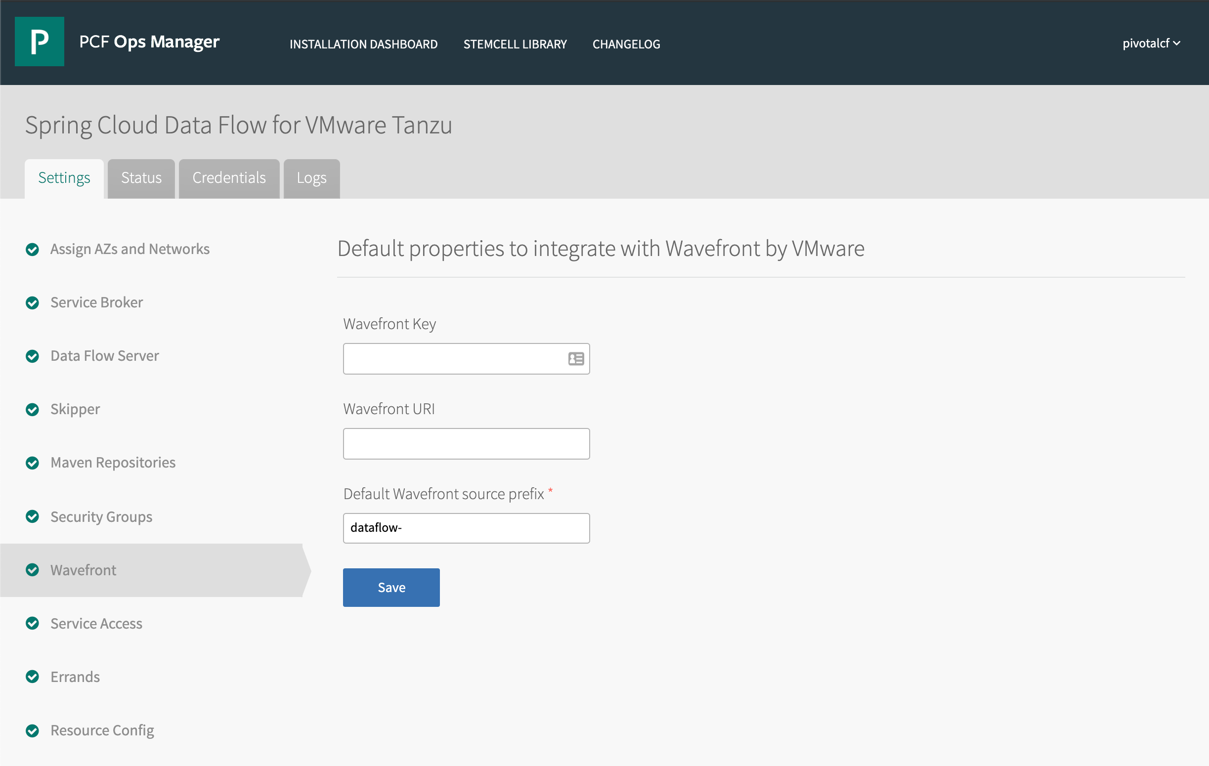 Tanzu Operations Manager, Settings tab, Wavefront pane