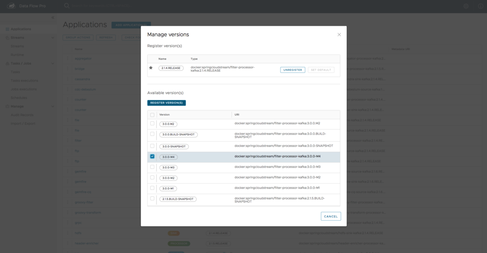 Manage versions dialog box with version selected. Register versions button is now active.