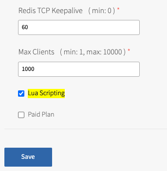 Redis, Settings, On-Demand Plans pane, Lua Scripting check box