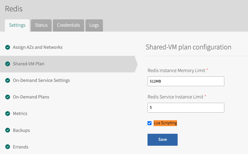 Redis, Settings, Shared-VM Plan configuration pane