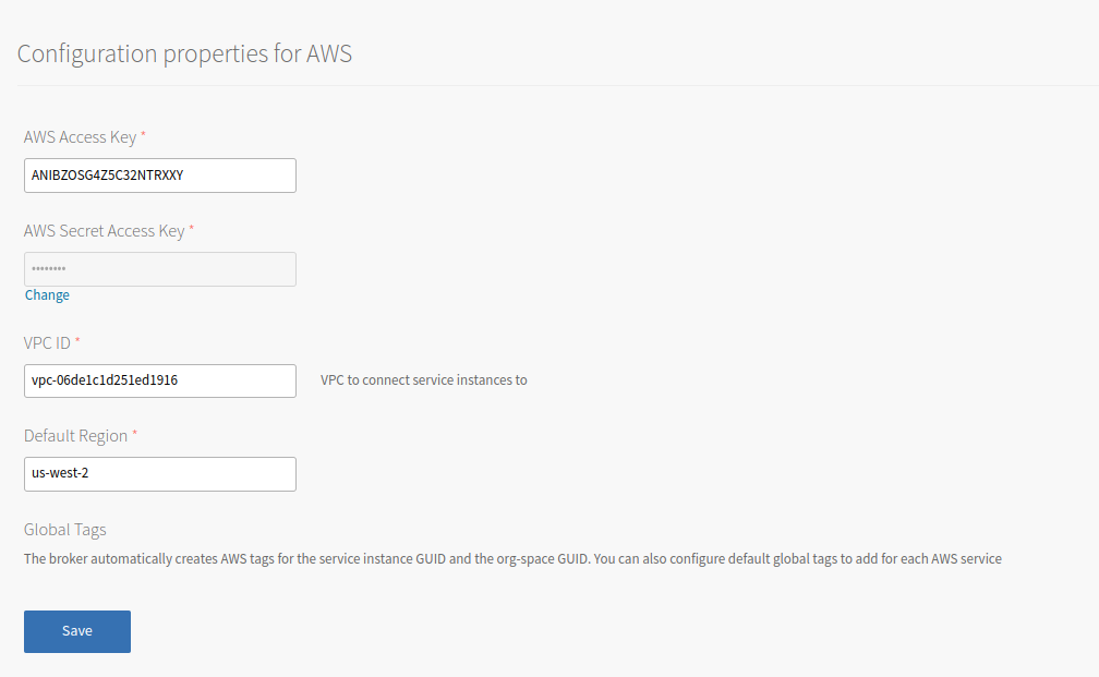 Text boxes for configuring AWS access and connectivity.