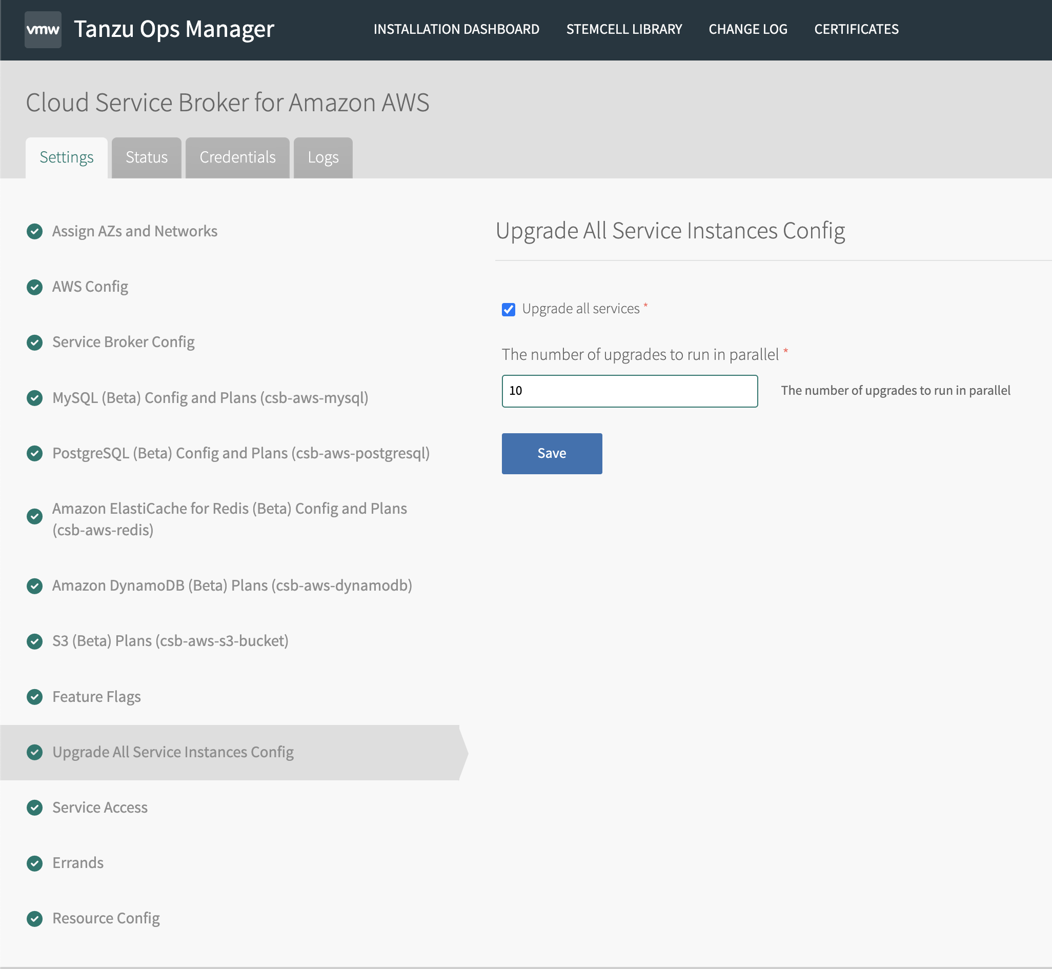 Screenshot of Upgrade All Service Instances Config tab. The Upgrade all
services check box is checked. The text box contains the number 10.