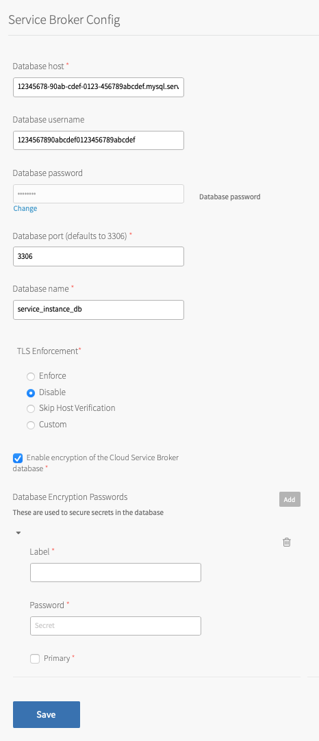 Fields for configuring the service broker.
See the following steps for detailed descriptions of the configurable fields.