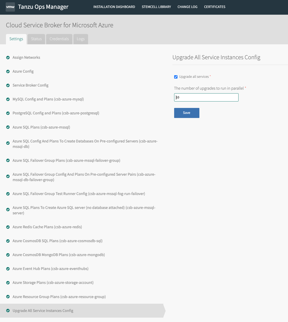 Fields for configuring Upgrade All Service Instances task. See the following steps for detailed descriptions of the configurable fields.