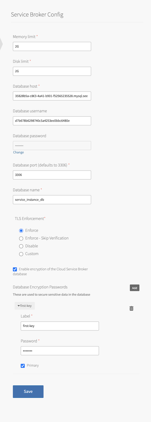 Fields for configuring the service broker.
See the following steps for detailed descriptions of the configurable fields.