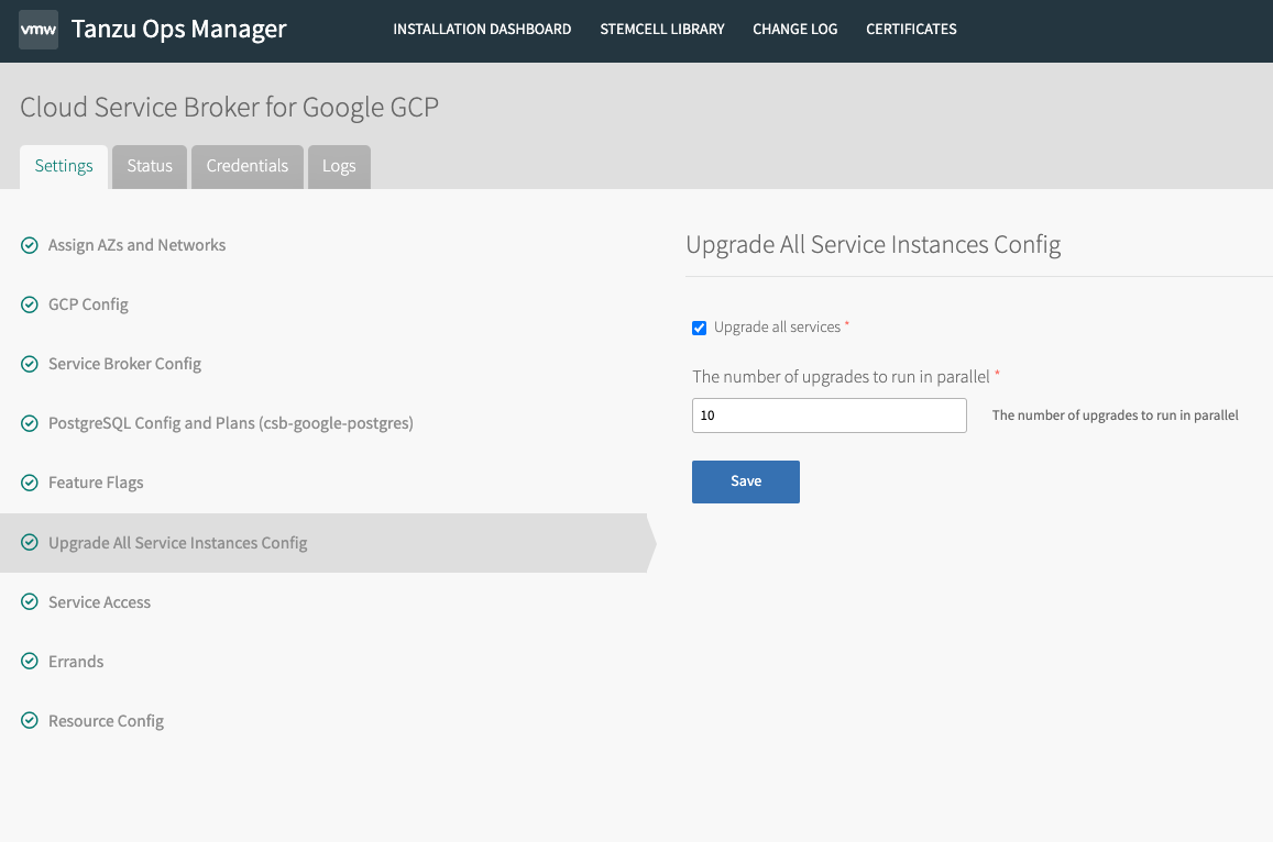 Fields for configuring Upgrade All Service Instances task.
See the following steps for detailed descriptions of the configurable fields.