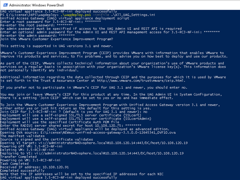Sample PowerShell script to deploy UAG appliance.