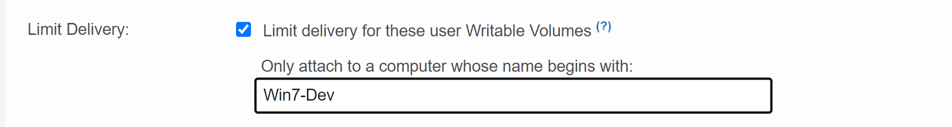 Limit Delivery option allows you to attach a Writable Volume to a specific computer by providing a text box to mention the computer name.
