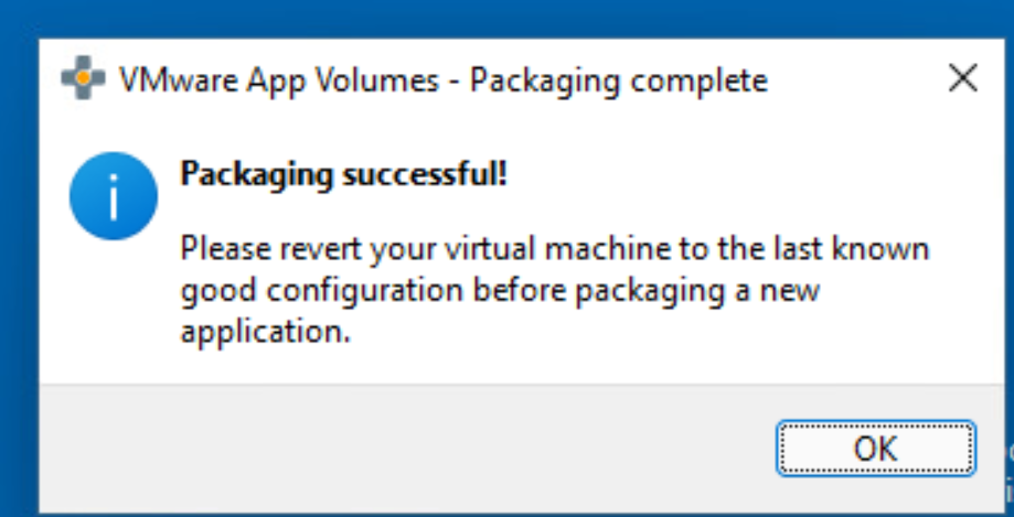Packaging successful dialog box.