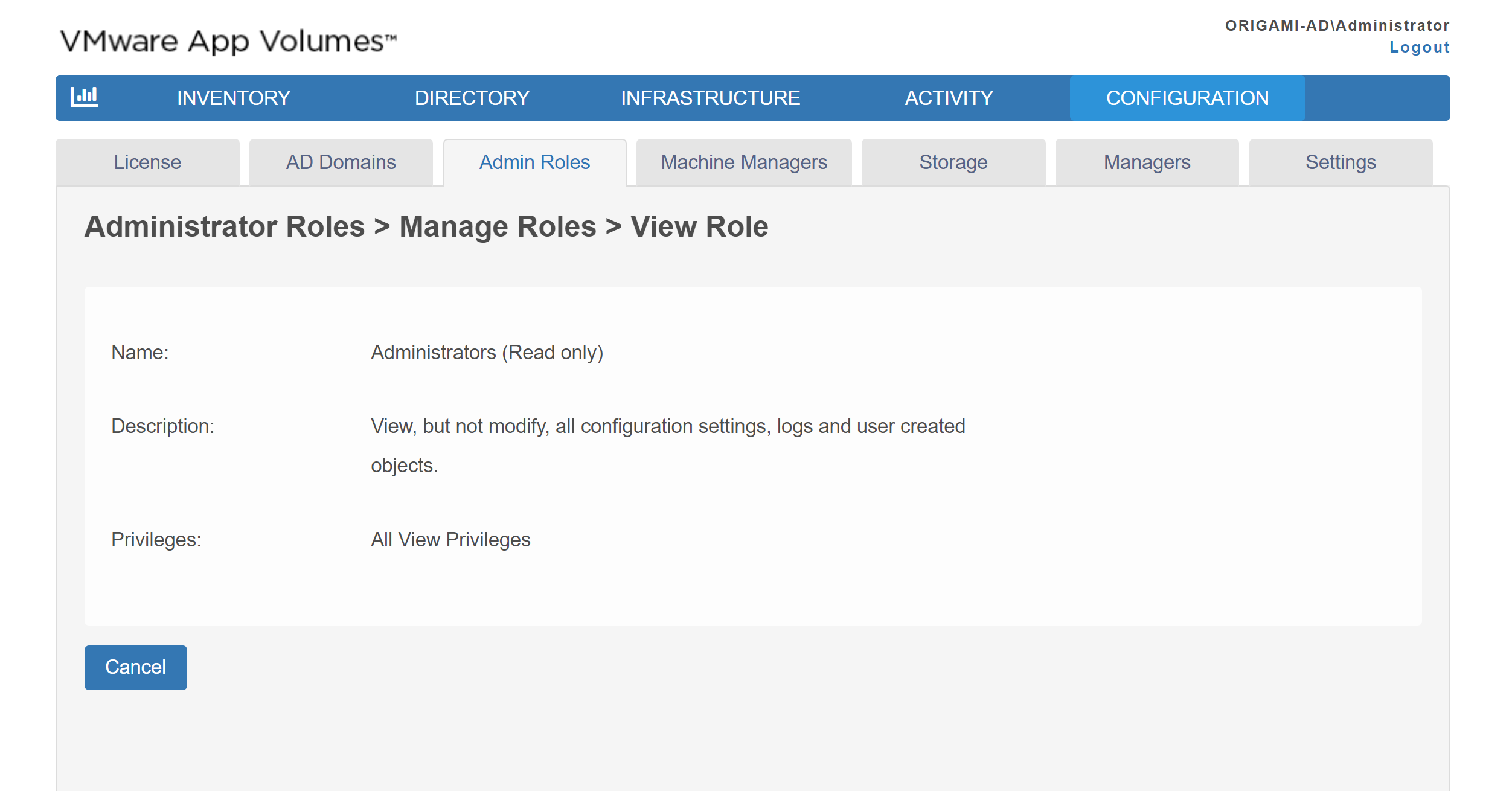 Name, Description, and Privileges of an App Volumes admin role are displayed.