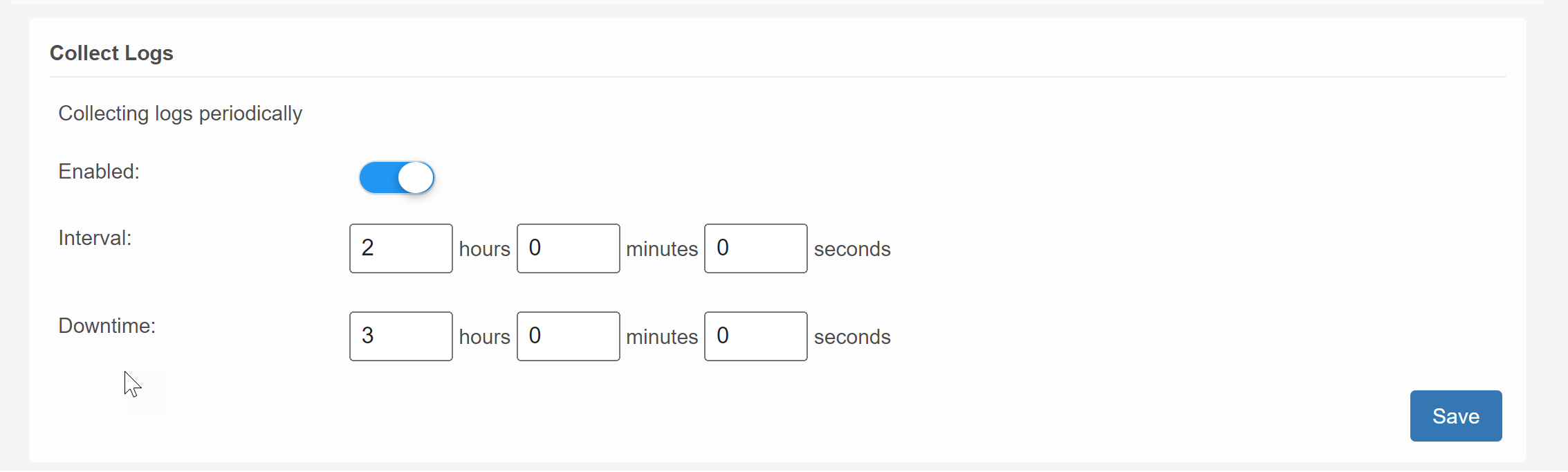 Collect Logs job is enabled. The configured interval for this job is 2 hours and downtime is 3 hours.