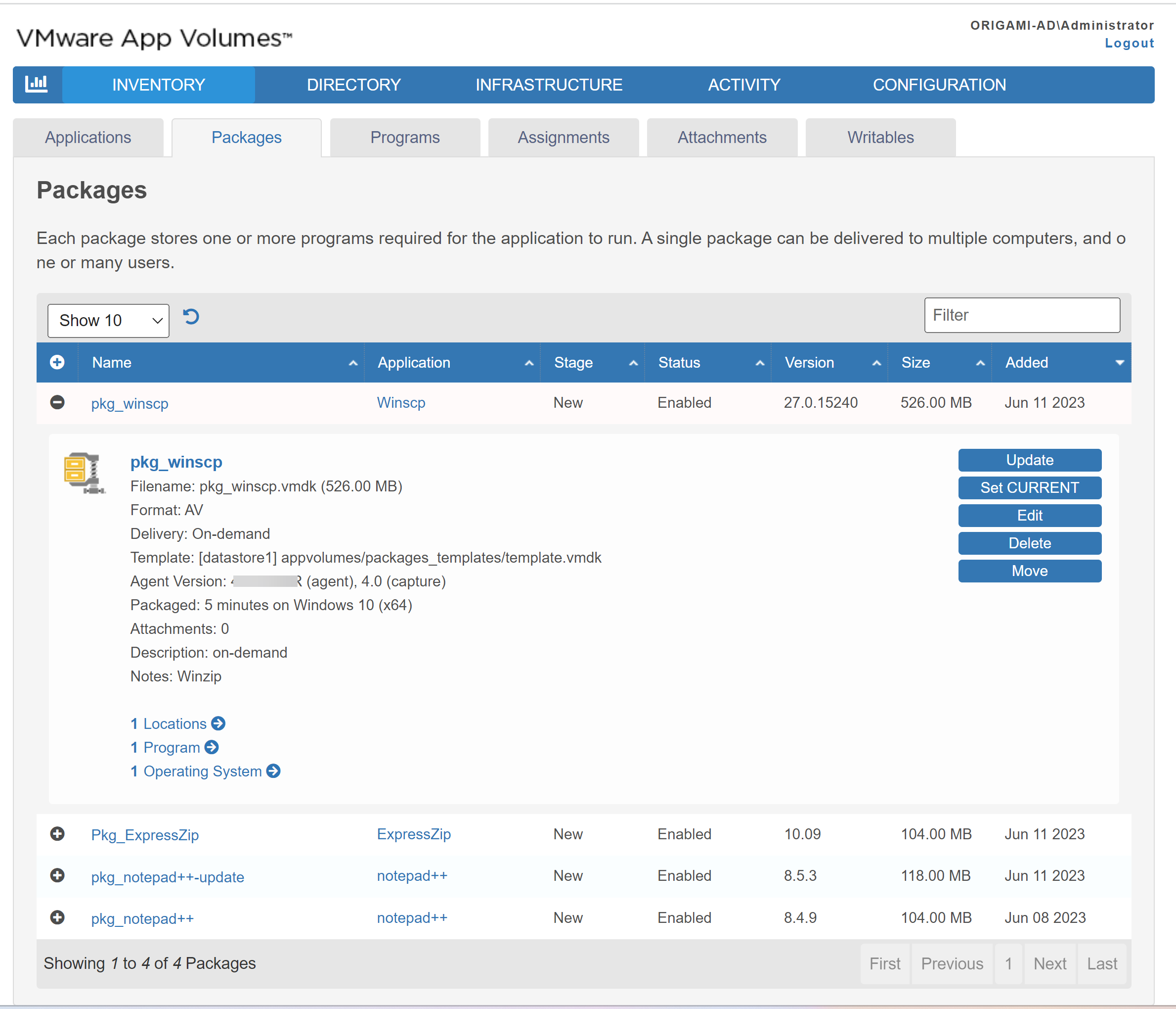 Packages summary page lists all the packages created for all applications in App Volumes and displays the information summary for each package.